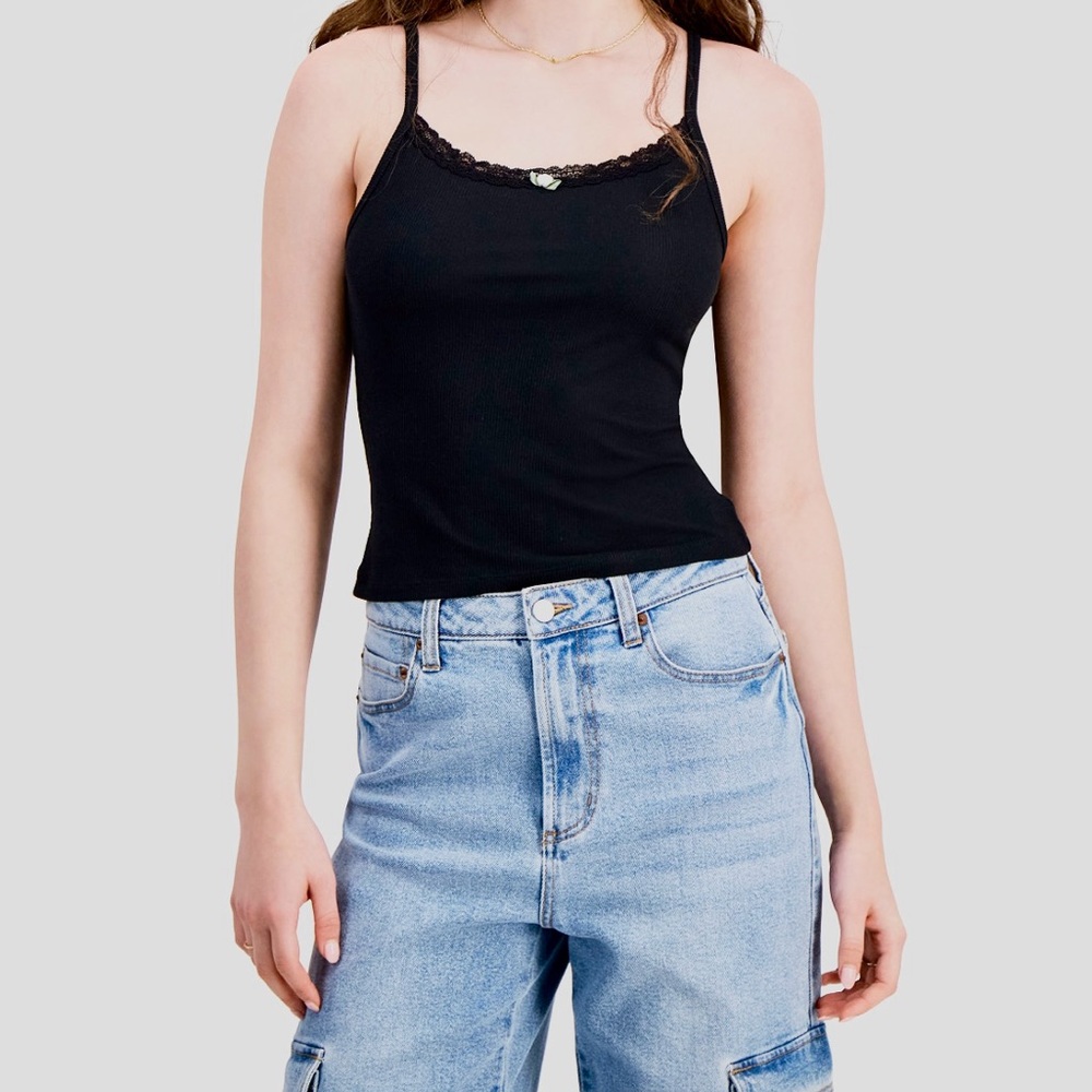 Just Polly Juniors' Black Lace Trim Ribbed Tank Large